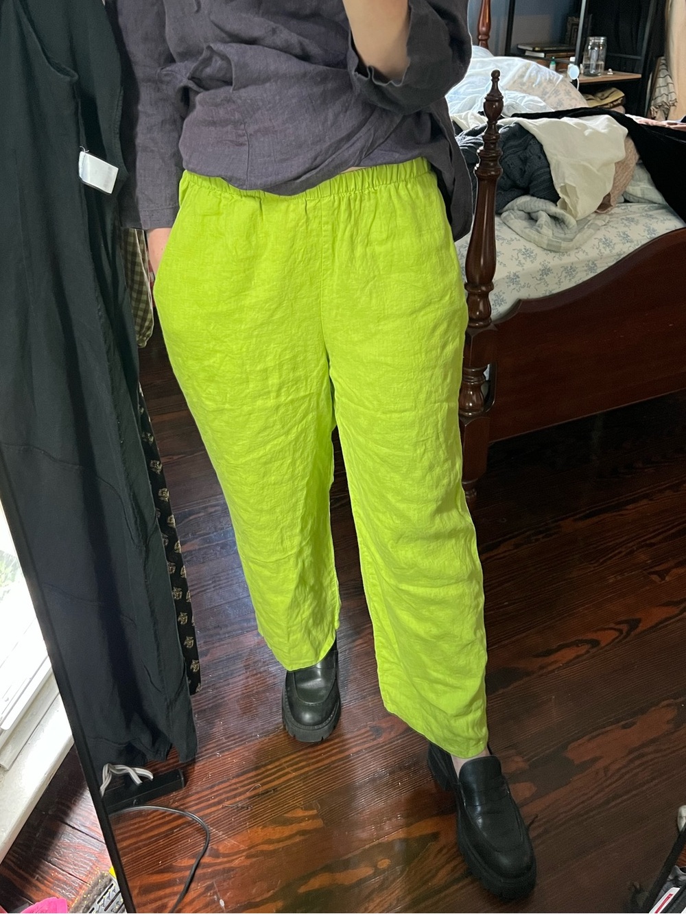 Flax NEW 100% linen chartreuse green elastic waist pants pull on fall size S